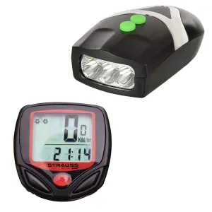 Strauss Bicycle Speedometer, (Black/Red) and Bicycle LED Headlight with Horn