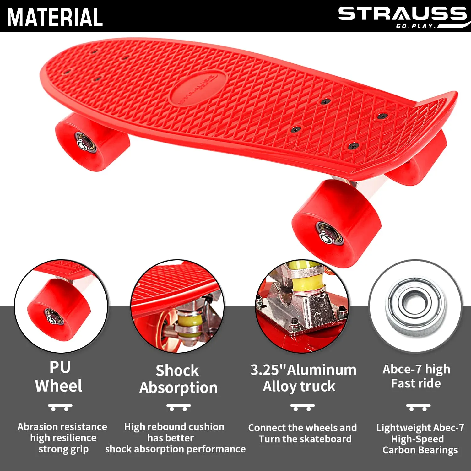 STRAUSS Cruiser PW Skateboard| Penny Skateboard | Casterboard | Hoverboard | Anti-Skid Board with ABEC-7 High Precision Bearings | PU Wheel with Light |Ideal for 8 Years and Above | 22 X 6 Inch,(Red)