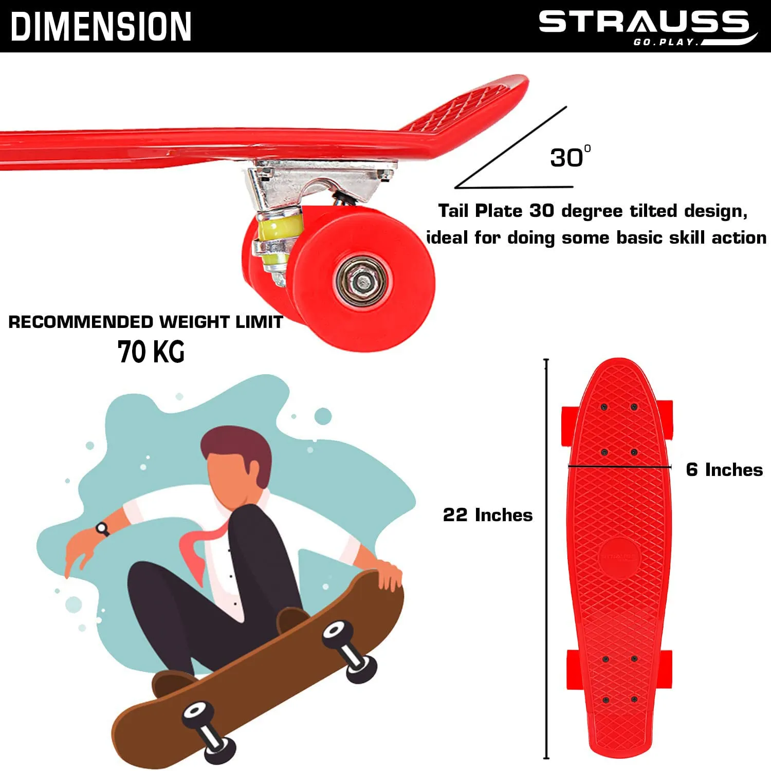 STRAUSS Cruiser PW Skateboard| Penny Skateboard | Casterboard | Hoverboard | Anti-Skid Board with ABEC-7 High Precision Bearings | PU Wheel with Light |Ideal for 8 Years and Above | 22 X 6 Inch,(Red)