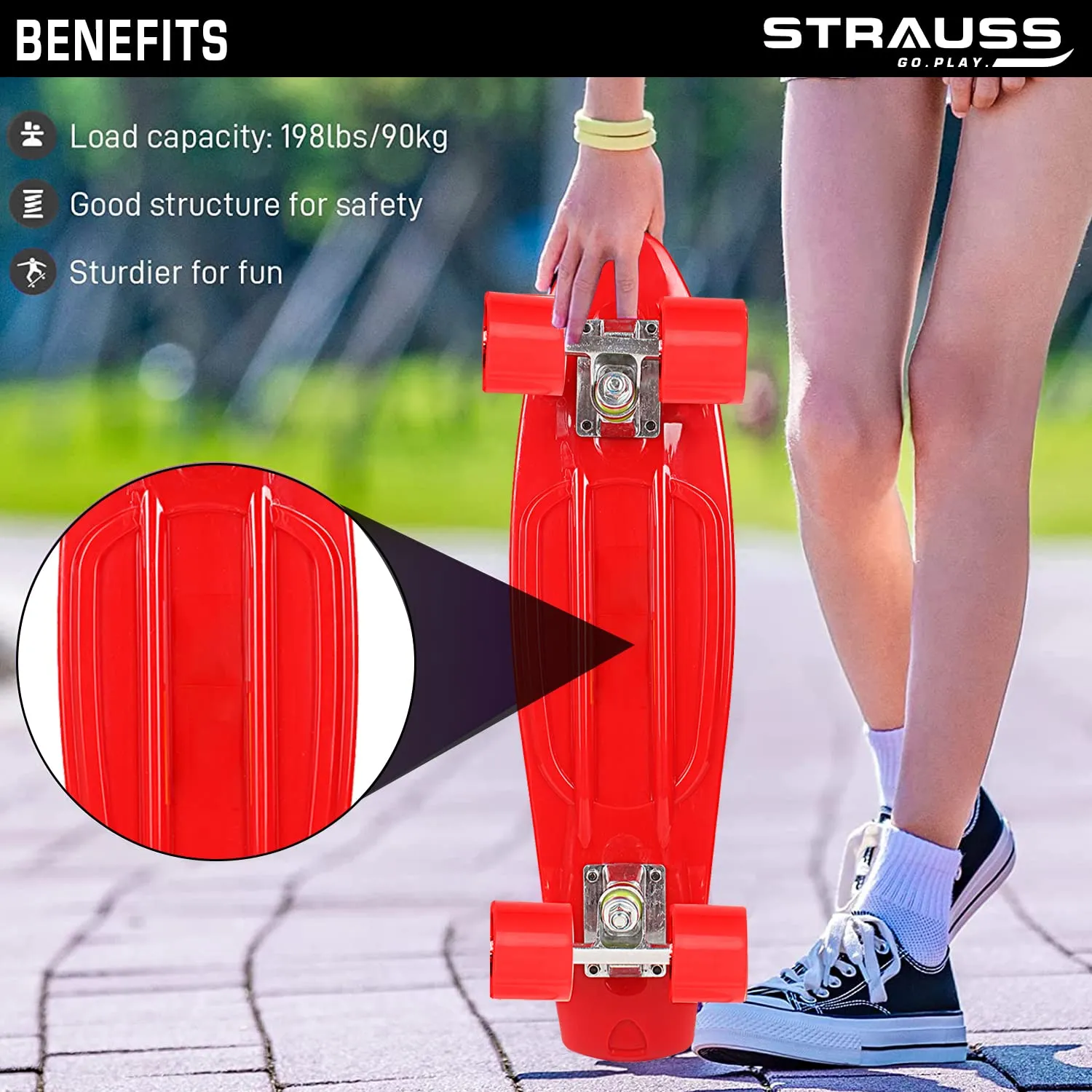 STRAUSS Cruiser PW Skateboard| Penny Skateboard | Casterboard | Hoverboard | Anti-Skid Board with ABEC-7 High Precision Bearings | PU Wheel with Light |Ideal for 8 Years and Above | 22 X 6 Inch,(Red)