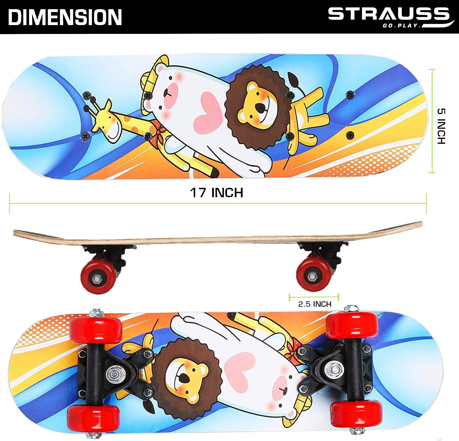 Strauss Kids Skateboard (Lion) | 43 CM Maple Wood Skateboard for Kids Upto 5 Years | Recommended for Boys and Girls | Beginner