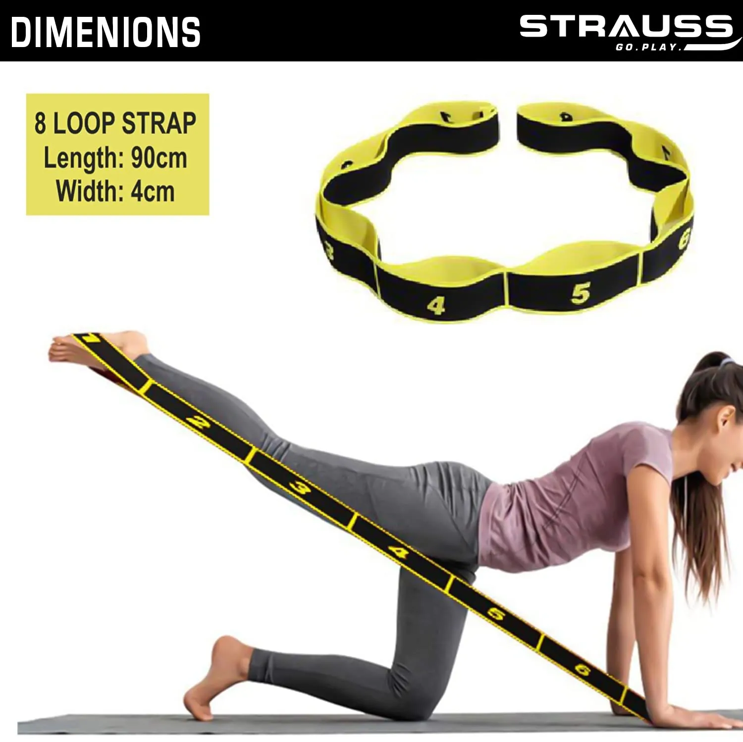 Strauss Multi 8 Loop Yoga Strap & Stretching Belt | Ideal for Yoga, Pilates, Therapy, Dance, Gymnastics, Ballet & Flexibility | Nylon & Cotton Skin Friendly Material