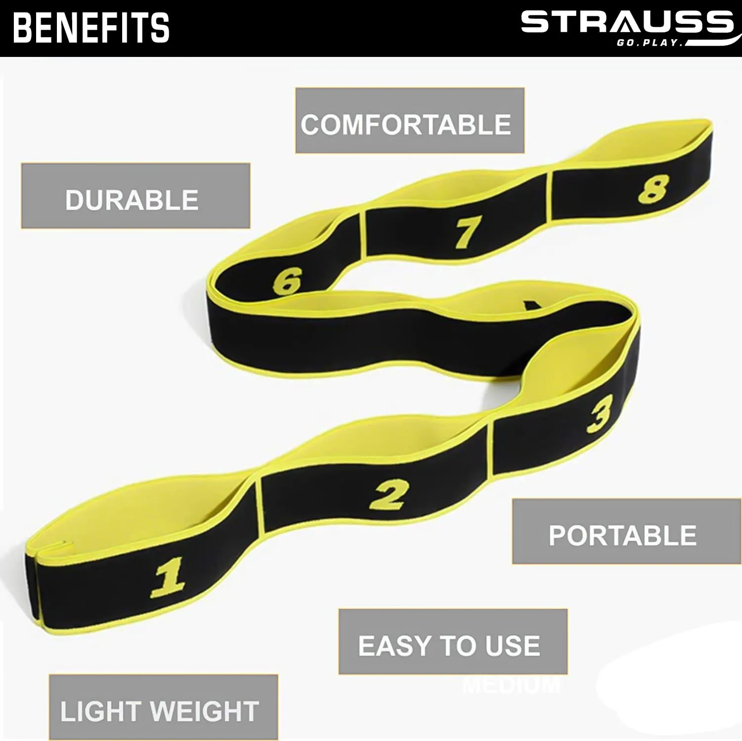 Strauss Multi 8 Loop Yoga Strap & Stretching Belt | Ideal for Yoga, Pilates, Therapy, Dance, Gymnastics, Ballet & Flexibility | Nylon & Cotton Skin Friendly Material