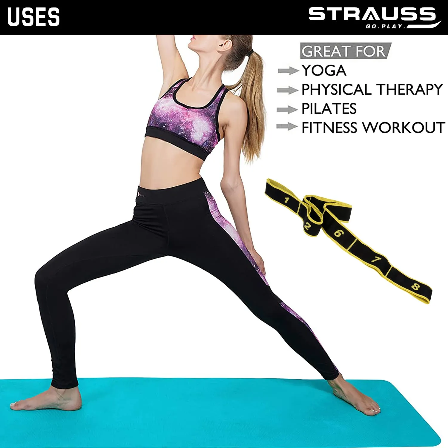 Strauss Multi 8 Loop Yoga Strap & Stretching Belt | Ideal for Yoga, Pilates, Therapy, Dance, Gymnastics, Ballet & Flexibility | Nylon & Cotton Skin Friendly Material