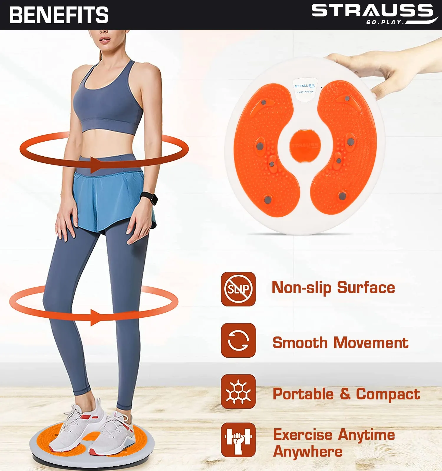 Strauss Tummy Twister | Tummy Trimmer, Abs Roller & Body Toner for Men & Women | Fat Burner Slimming Machine with Non-Slip Surface | Ideal Exercise Equipment For Home,(White/Orange)