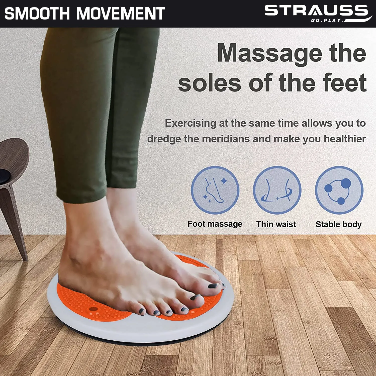 Strauss Tummy Twister | Tummy Trimmer, Abs Roller & Body Toner for Men & Women | Fat Burner Slimming Machine with Non-Slip Surface | Ideal Exercise Equipment For Home,(White/Orange)