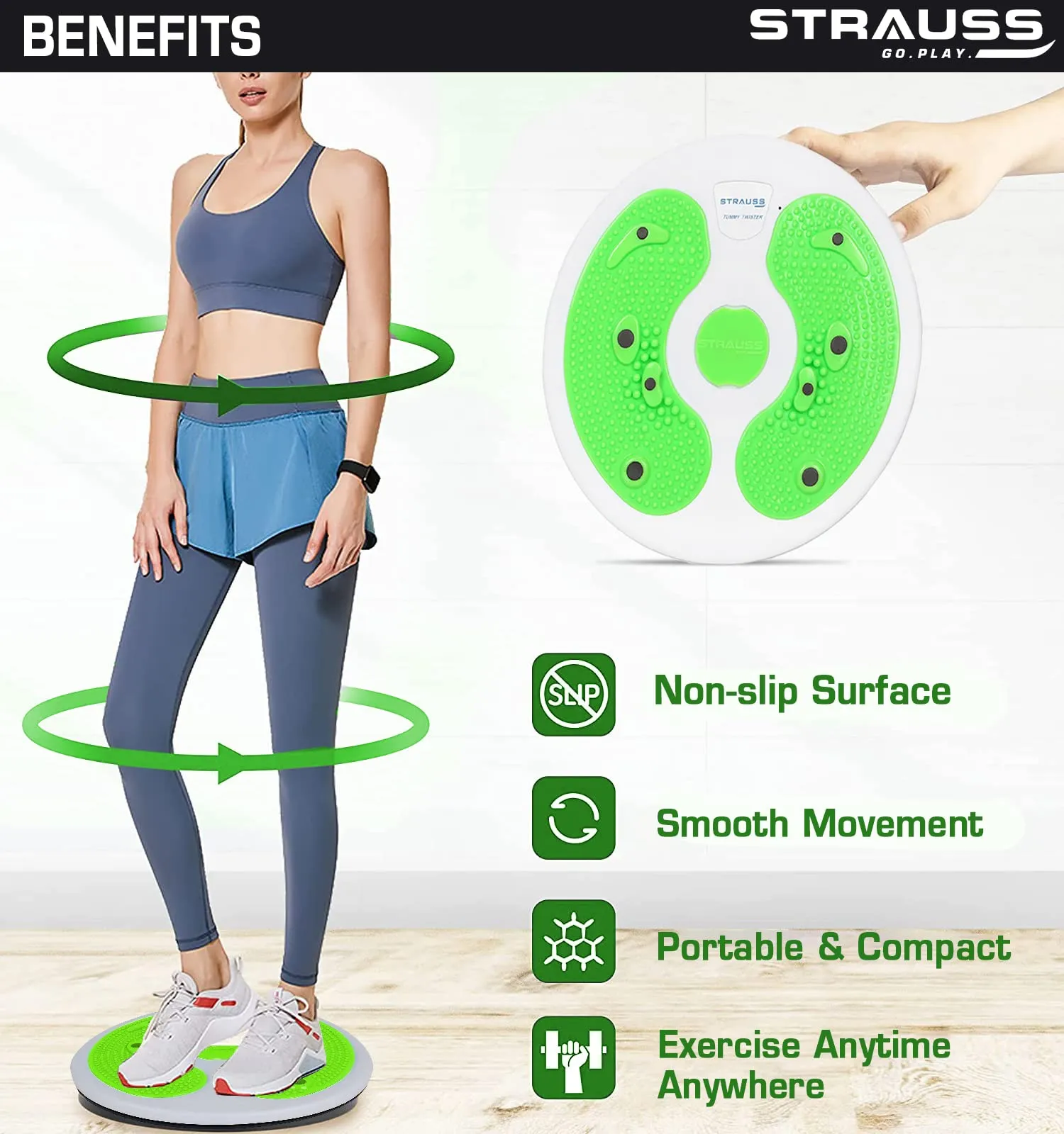 STRAUSS Tummy Twister | Tummy Trimmer, Abs Roller & Shaper for Women & Men | Exercise Machine with Non-Slip Surface | Ideal Equipment for Home Workouts (Green)