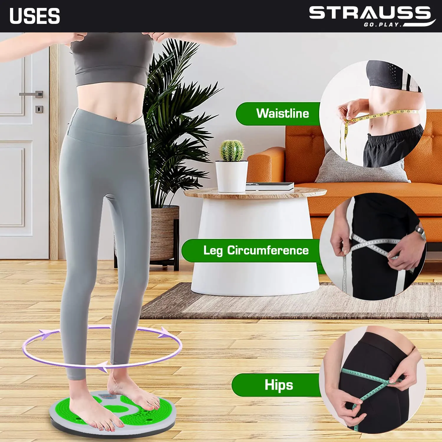 STRAUSS Tummy Twister | Tummy Trimmer, Abs Roller & Shaper for Women & Men | Exercise Machine with Non-Slip Surface | Ideal Equipment for Home Workouts (Green)