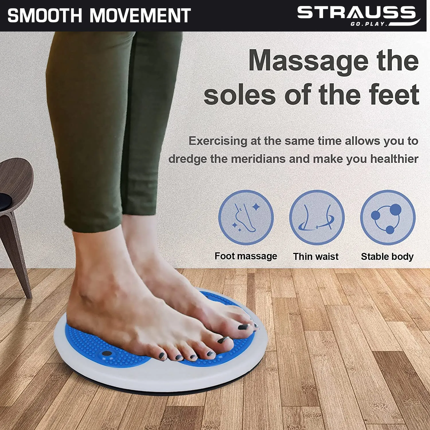 Strauss Tummy Twister | Tummy Trimmer, Abs Roller & Tummy Shaper for Women & Men | Fat Burner Slimming Machine with Non-Slip Surface | Ideal Exercise Equipment For Home,(Blue)