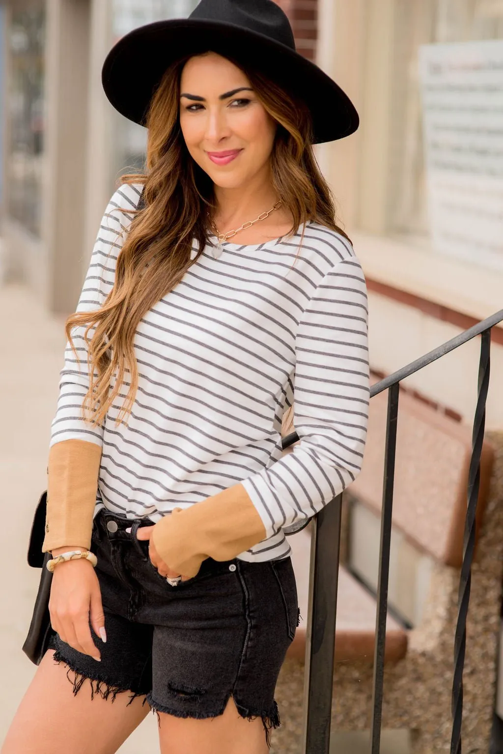 Striped Button Accent Long Sleeve