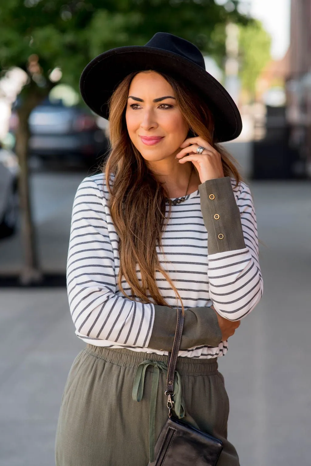 Striped Button Accent Long Sleeve