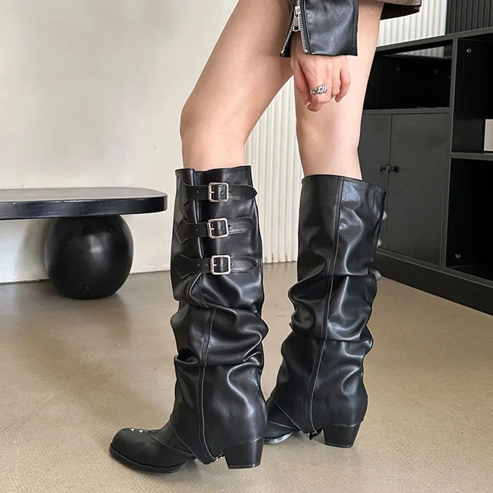 TAVIMART  -  New High Quality Wasteland style Vintage y2k Detachable Knee High Boot Barrel Maillard Trouser Leg Boot Women Black Shoes