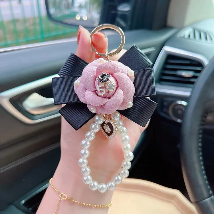 Thread Camellia Flower Keychain - Pearl Chain