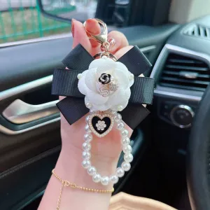 Thread Camellia Flower Keychain - Pearl Chain