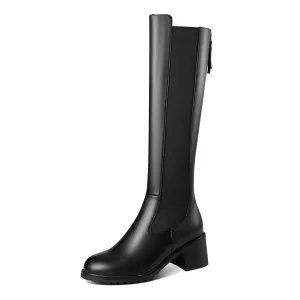 TinaCus Handmade Women's Genuine Leather Zip Round Toe Low Chunky Heel Knee High Boots