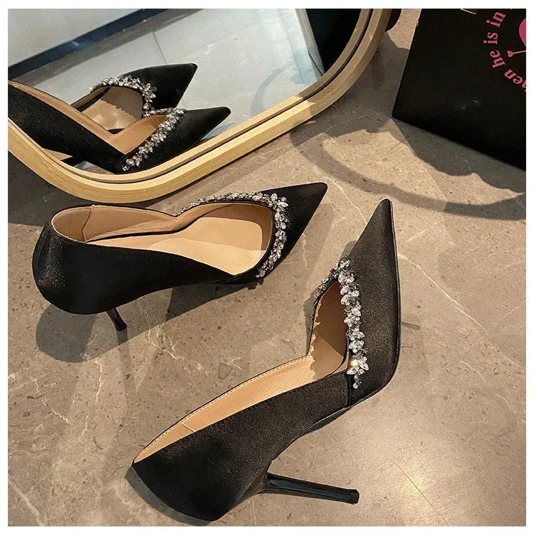 Uniwim French rhinestone edging high heels women 2024 new fashion all-matching black pointy thin heel shallow mouth single sexy shoes