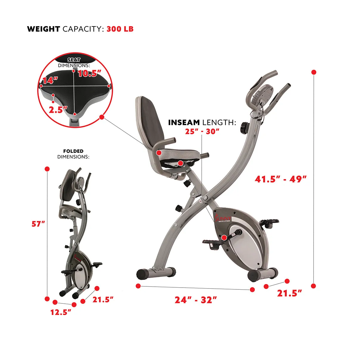 Upright Folding Magnetic Semi Recumbent  Bike, Comfort XL w/ High Weight Capacity and Pulse Rate