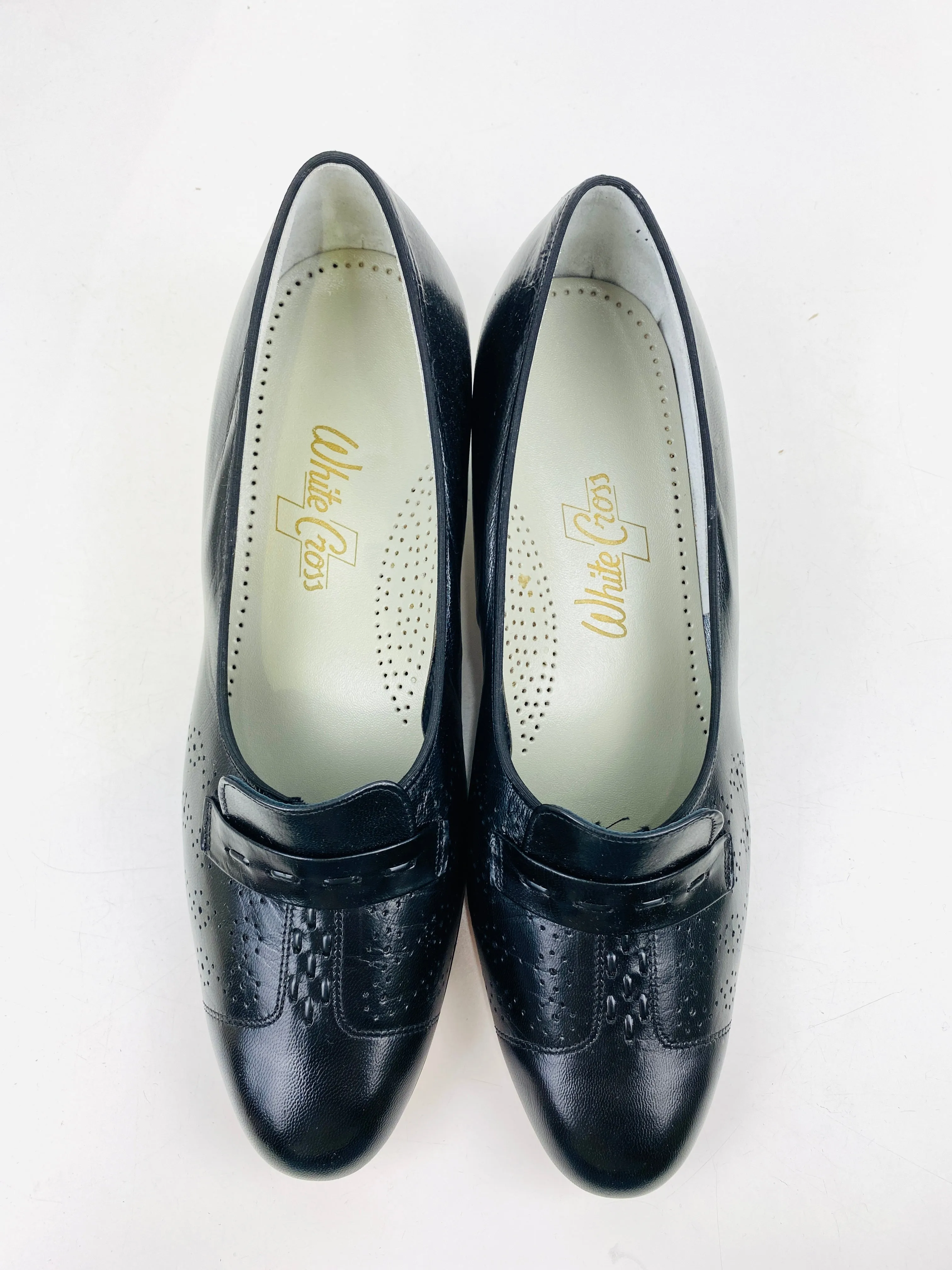 Vintage Deadstock Shoes, Women's 1980s Black Leather Cuban Heel Pumps, NOS, 8195