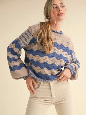 Wavy Stripe Puff Sleeve Sweater