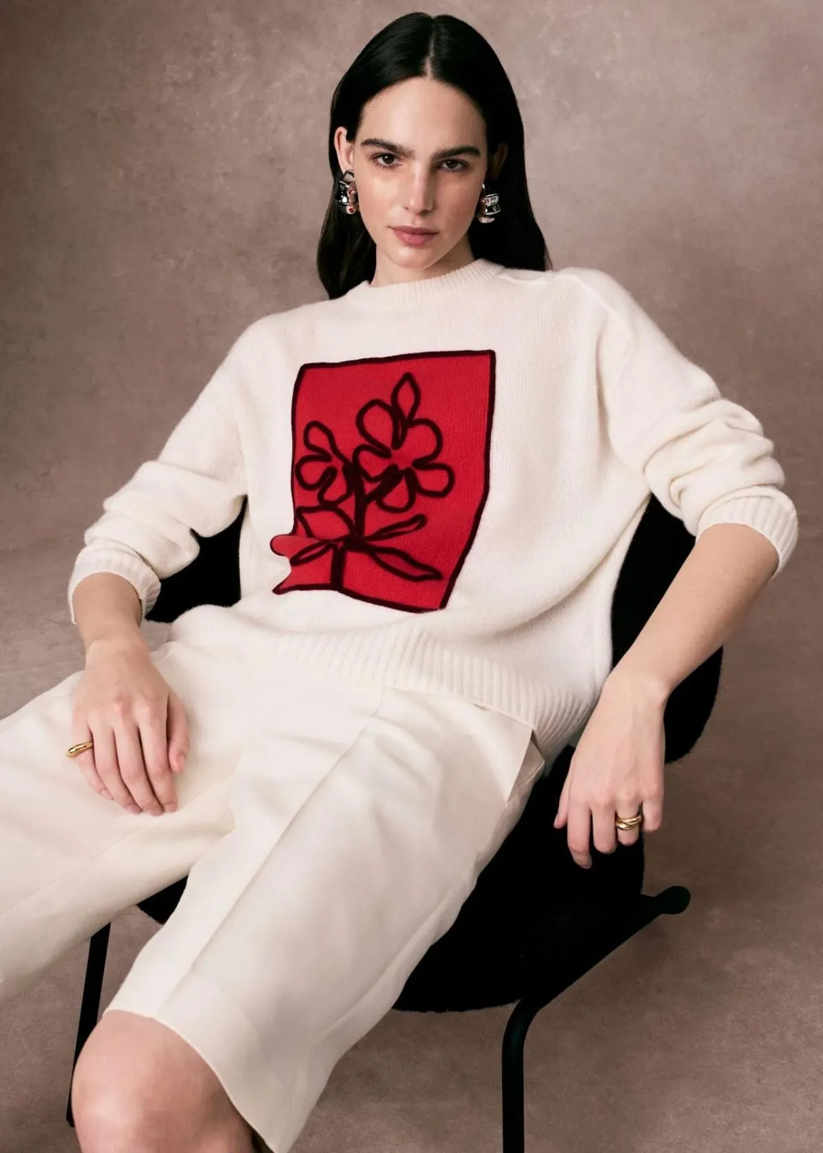 WHITE   WARREN Cashmere Floral Applique Crewneck Sweater