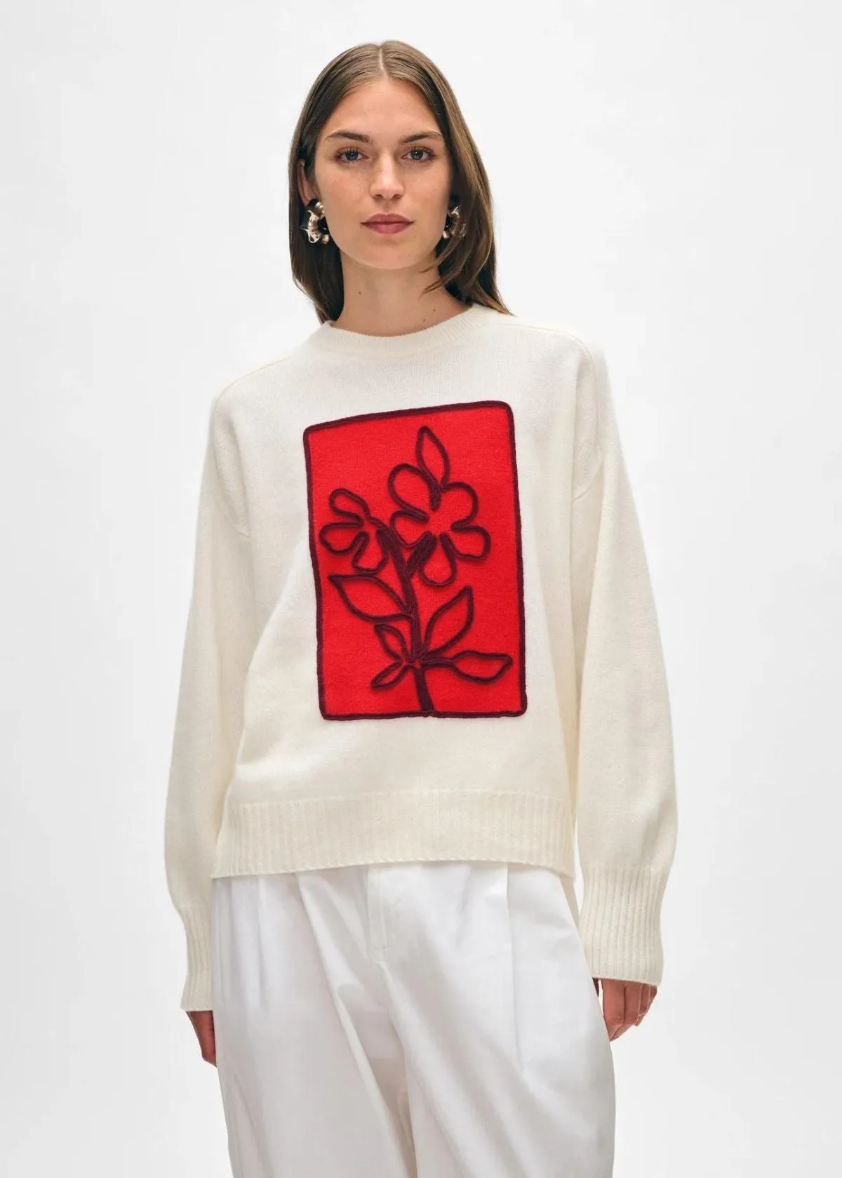 WHITE   WARREN Cashmere Floral Applique Crewneck Sweater