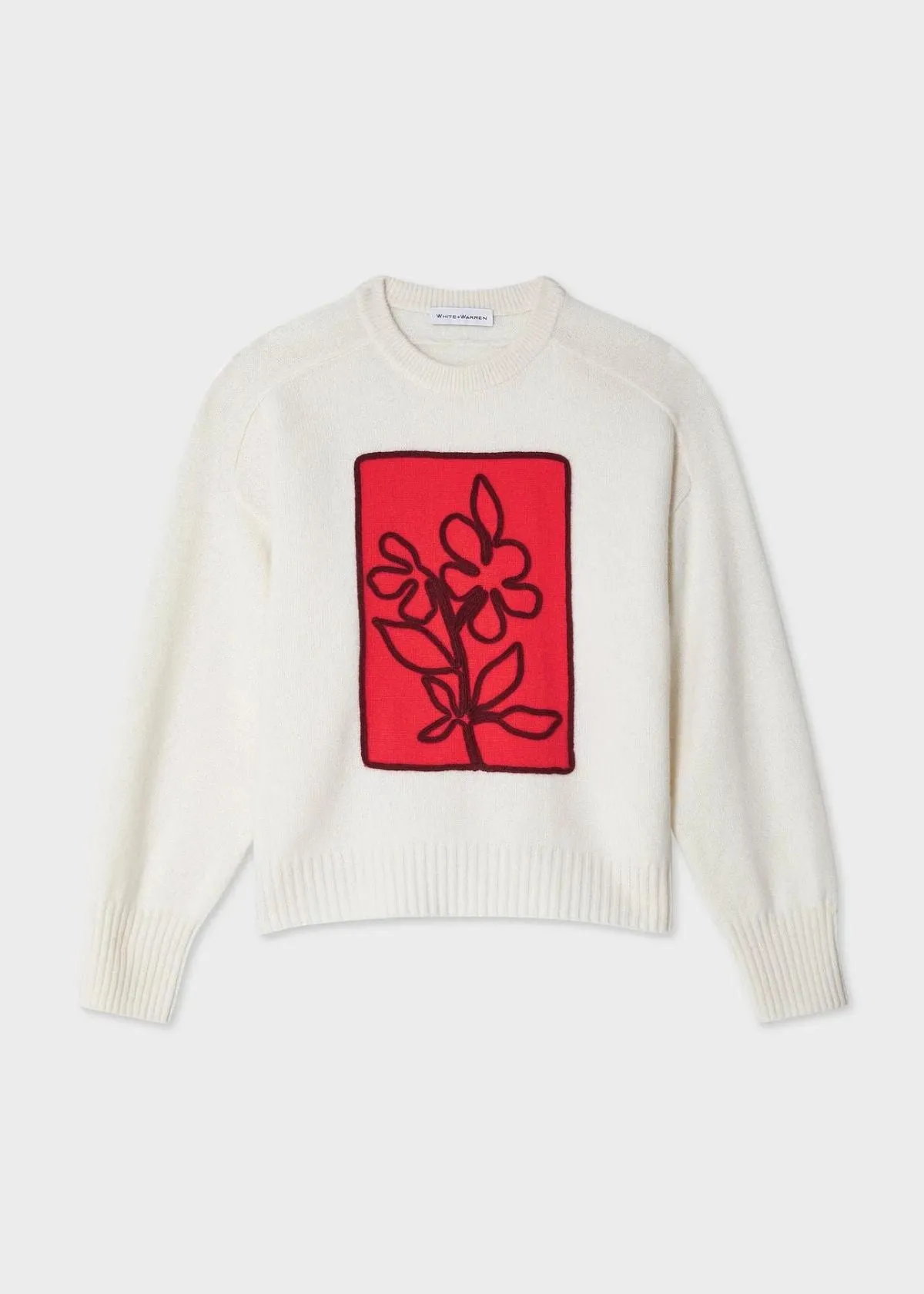 WHITE   WARREN Cashmere Floral Applique Crewneck Sweater