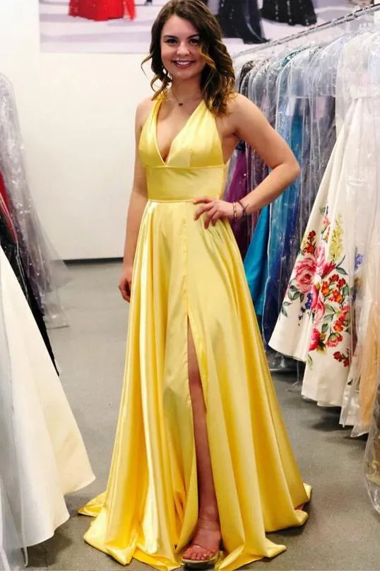 Yellow Deep V Neck Sleeveless Split Sweep Train Prom Dress, Long Formal Dress with Slit UQ1710