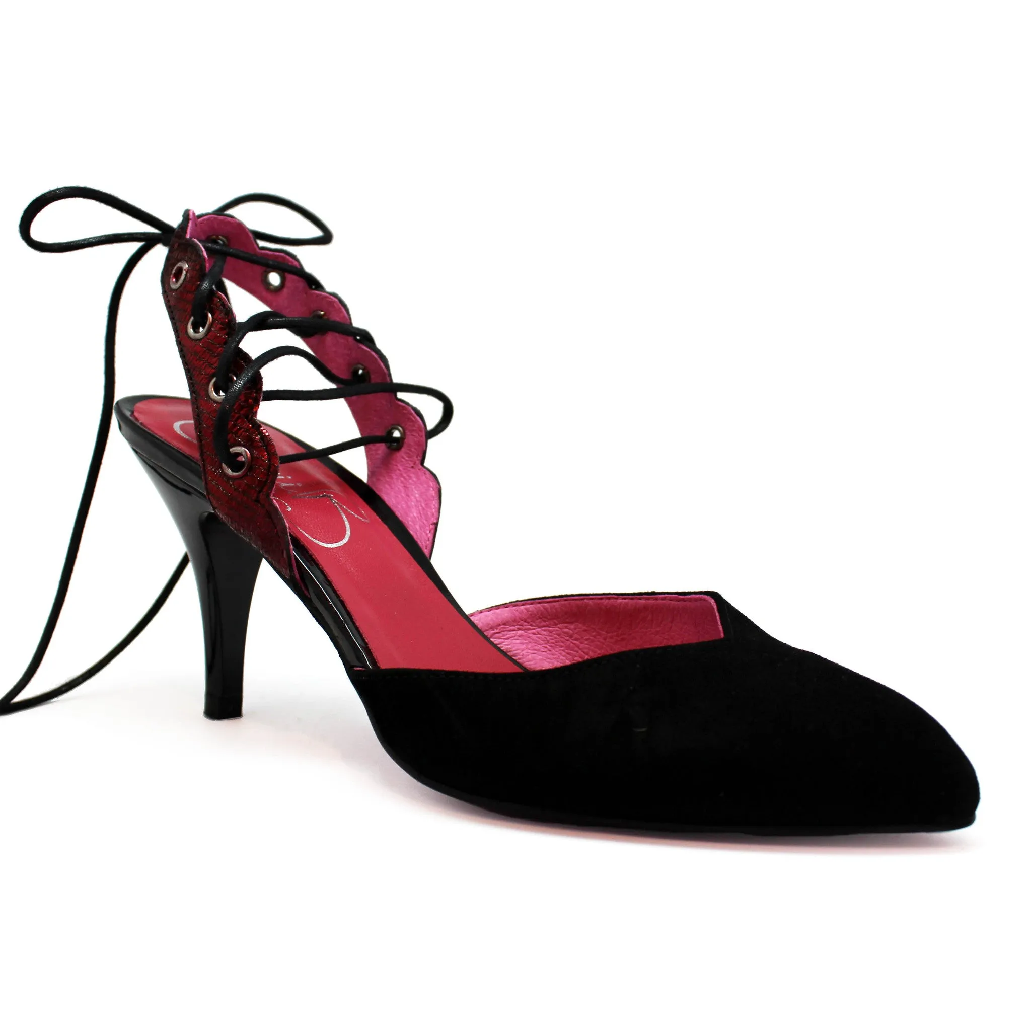 Zorilla - Black suede- Red kitten heel