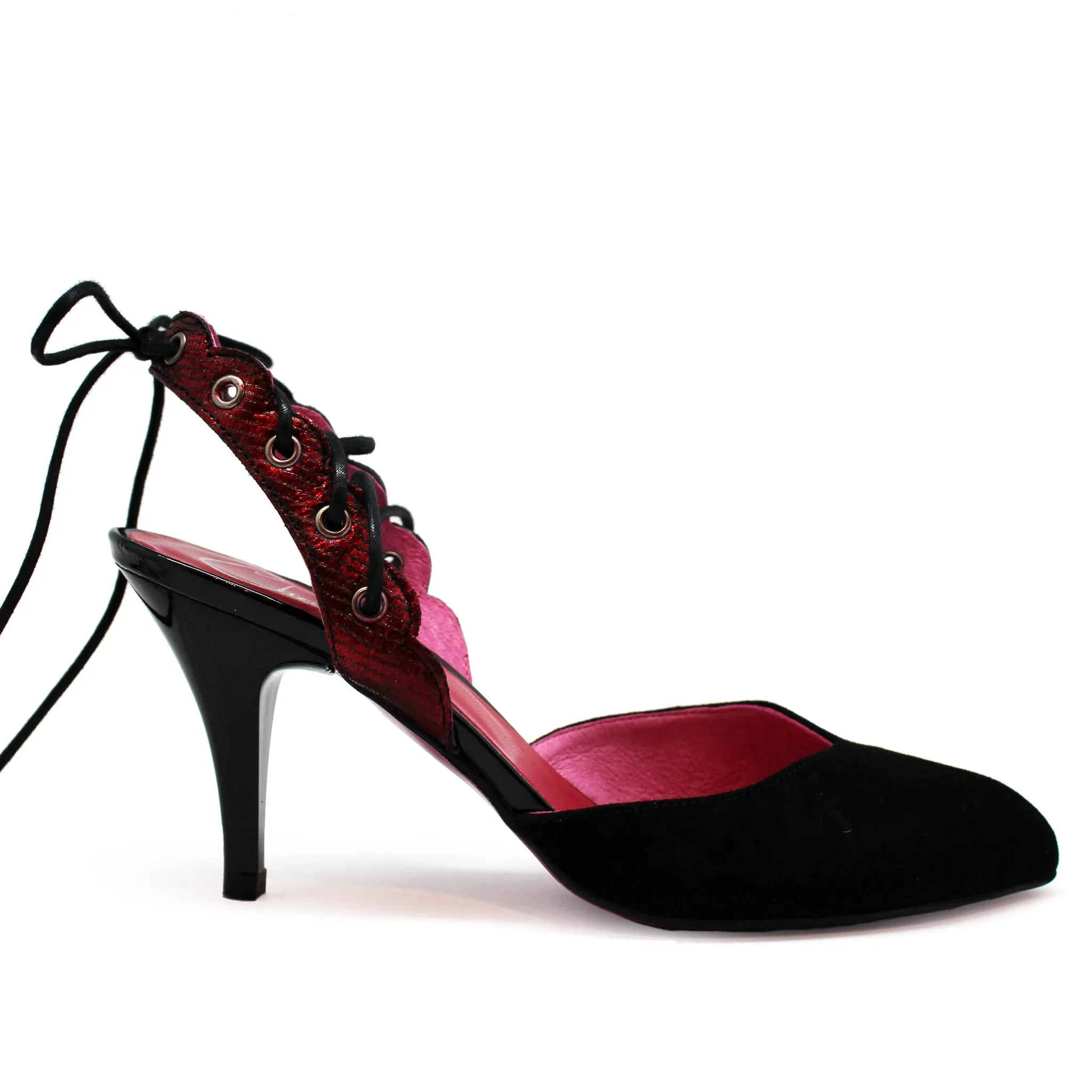 Zorilla - Black suede- Red kitten heel